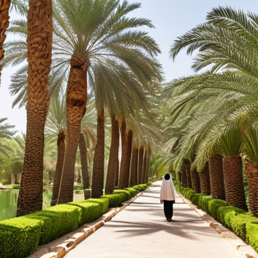 **A serene view inside Al Ain Oasis:** Capture the lush greenery with date palms forming a dense canopy, filtering sunlight. Show a *falaj* flowing gently with clear water. Include a person in the distance walking along a winding pathway, creating a sense of depth and tranquility. The overall mood should be peaceful and inviting, highlighting the oasis as a refreshing escape.