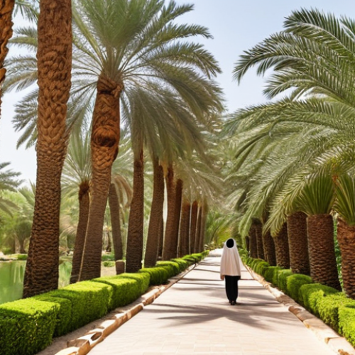 Home 4 **A serene view inside Al Ain Oasis:** Capture the lush greenery with date palms forming a dense canopy, filtering sunlight. Show a *falaj* flowing gently with clear water. Include a person in the distance walking along a winding pathway, creating a sense of depth and tranquility. The overall mood should be peaceful and inviting, highlighting the oasis as a refreshing escape.