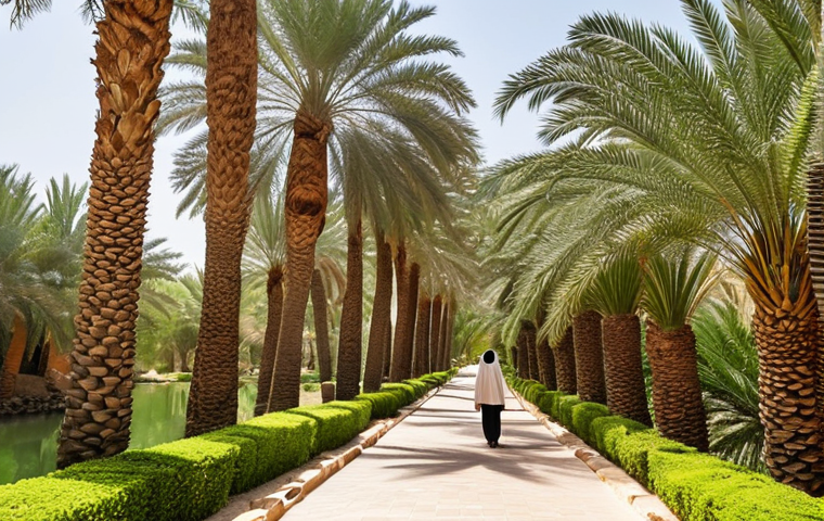 **A serene view inside Al Ain Oasis:** Capture the lush greenery with date palms forming a dense canopy, filtering sunlight. Show a *falaj* flowing gently with clear water. Include a person in the distance walking along a winding pathway, creating a sense of depth and tranquility. The overall mood should be peaceful and inviting, highlighting the oasis as a refreshing escape.