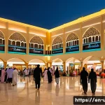 아랍에미리트 공휴일 쇼핑센터 운영시간 - A vibrant shopping mall interior in Dubai during Ramadan evening hours, filled with diverse shoppers...