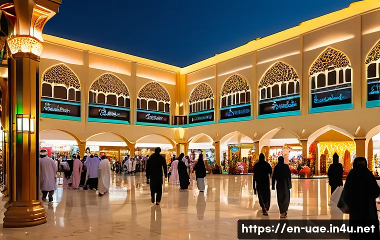 아랍에미리트 공휴일 쇼핑센터 운영시간 - A vibrant shopping mall interior in Dubai during Ramadan evening hours, filled with diverse shoppers...